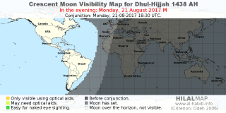 HilalMap: Crescent Visibility Map Dhul-Hijjah 1438 AH. Moon sighting on Monday, 21 August 2017 AD.