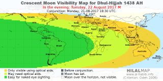 HilalMap: Crescent Visibility Map Dhul-Hijjah 1438 AH. Moon sighting on Tuesday, 22 August 2017 AD.
