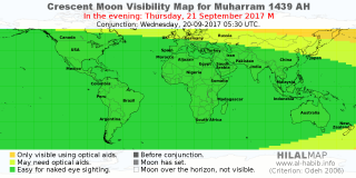 HilalMap: Crescent Visibility Map Muharram 1439 AH. Moon sighting on Thursday, 21 September 2017 AD.