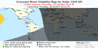 HilalMap: Crescent Visibility Map Safar 1439 AH. Moon sighting on Thursday, 19 October 2017 AD.