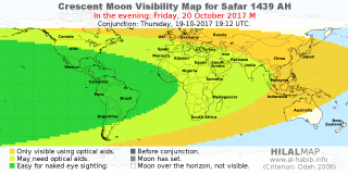 HilalMap: Crescent Visibility Map Safar 1439 AH. Moon sighting on Friday, 20 October 2017 AD.