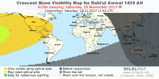 HilalMap: Crescent Visibility Map Rabi'ul-Awwal 1439 AH. Moon sighting on Saturday, 18 November 2017 AD.
