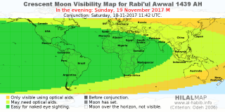 HilalMap: Crescent Visibility Map Rabi'ul-Awwal 1439 AH. Moon sighting on Sunday, 19 November 2017 AD.