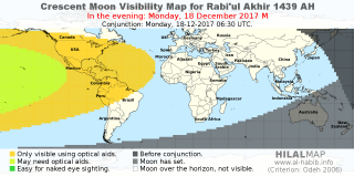 HilalMap: Crescent Visibility Map Rabi'ul-Akhir 1439 AH. Moon sighting on Monday, 18 December 2017 AD.