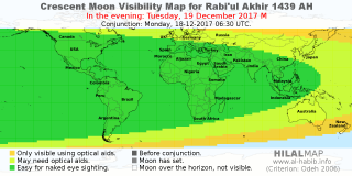 HilalMap: Crescent Visibility Map Rabi'ul-Akhir 1439 AH. Moon sighting on Tuesday, 19 December 2017 AD.