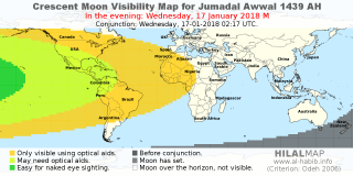 HilalMap: Crescent Visibility Map Jumadal-Awwal 1439 AH. Moon sighting on Wednesday, 17 January 2018 AD.