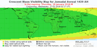 HilalMap: Crescent Visibility Map Jumadal-Awwal 1439 AH. Moon sighting on Thursday, 18 January 2018 AD.
