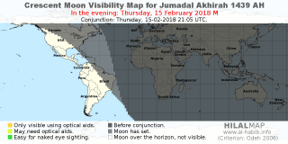HilalMap: Crescent Visibility Map Jumadal-Akhirah 1439 AH. Moon sighting on Thursday, 15 February 2018 AD.