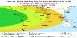 HilalMap: Crescent Visibility Map Jumadal-Akhirah 1439 AH. Moon sighting on Friday, 16 February 2018 AD.