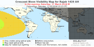HilalMap: Crescent Visibility Map Rajab 1439 AH. Moon sighting on Saturday, 17 March 2018 AD.