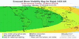 HilalMap: Crescent Visibility Map Rajab 1439 AH. Moon sighting on Sunday, 18 March 2018 AD.