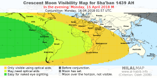 HilalMap: Crescent Visibility Map Sha'ban 1439 AH. Moon sighting on Monday, 16 April 2018 AD.