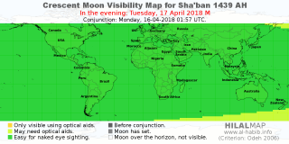 HilalMap: Crescent Visibility Map Sha'ban 1439 AH. Moon sighting on Tuesday, 17 April 2018 AD.