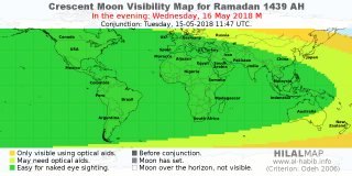 HilalMap: Crescent Visibility Map Ramadan 1439 AH. Moon sighting on Wednesday, 16 May 2018 AD.