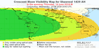 HilalMap: Crescent Visibility Map Shawwal 1439 AH. Moon sighting on Thursday, 14 June 2018 AD.