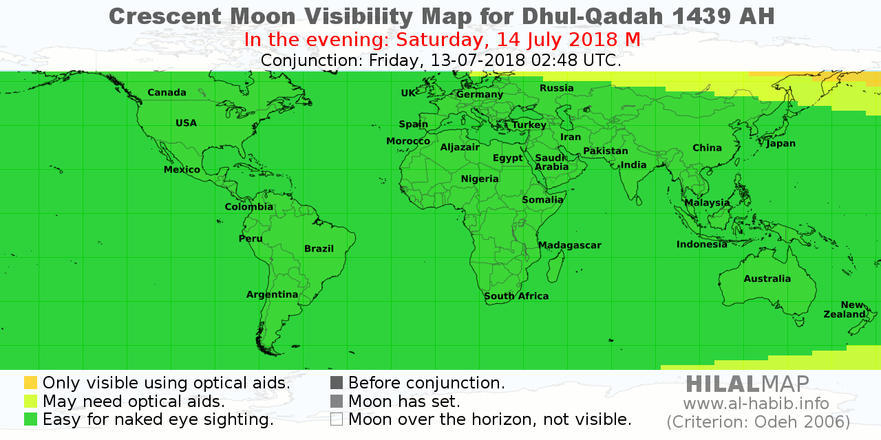 Hilalmap For Dhul Qadah 1439 Ah Crescent Moon Visibility Map Alhabib
