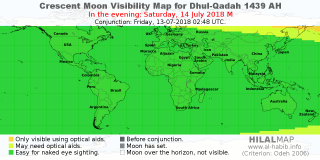 HilalMap: Crescent Visibility Map Dhul-Qadah 1439 AH. Moon sighting on Saturday, 14 July 2018 AD.