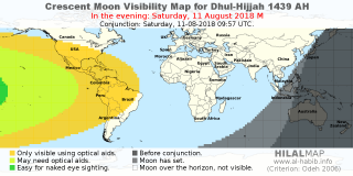 HilalMap: Crescent Visibility Map Dhul-Hijjah 1439 AH. Moon sighting on Saturday, 11 August 2018 AD.