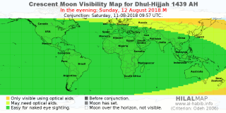 HilalMap: Crescent Visibility Map Dhul-Hijjah 1439 AH. Moon sighting on Sunday, 12 August 2018 AD.