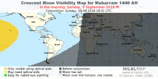 HilalMap: Crescent Visibility Map Muharram 1440 AH. Moon sighting on Sunday,  9 September 2018 AD.