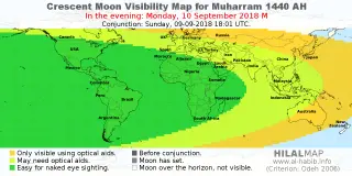HilalMap: Crescent Visibility Map Muharram 1440 AH. Moon sighting on Monday, 10 September 2018 AD.