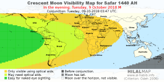 HilalMap: Crescent Visibility Map Safar 1440 AH. Moon sighting on Tuesday,  9 October 2018 AD.