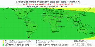 HilalMap: Crescent Visibility Map Safar 1440 AH. Moon sighting on Wednesday, 10 October 2018 AD.