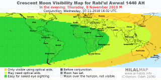 HilalMap: Crescent Visibility Map Rabi'ul-Awwal 1440 AH. Moon sighting on Thursday,  8 November 2018 AD.