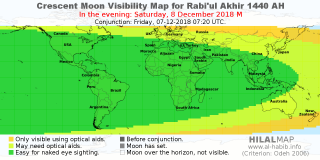 HilalMap: Crescent Visibility Map Rabi'ul-Akhir 1440 AH. Moon sighting on Saturday,  8 December 2018 AD.