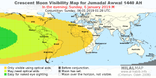 HilalMap: Crescent Visibility Map Jumadal-Awwal 1440 AH. Moon sighting on Sunday,  6 January 2019 AD.