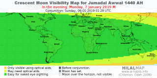 HilalMap: Crescent Visibility Map Jumadal-Awwal 1440 AH. Moon sighting on Monday,  7 January 2019 AD.