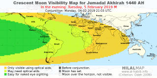 HilalMap: Crescent Visibility Map Jumadal-Akhirah 1440 AH. Moon sighting on Tuesday,  5 February 2019 AD.