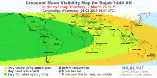HilalMap: Crescent Visibility Map Rajab 1440 AH. Moon sighting on Thursday,  7 March 2019 AD.
