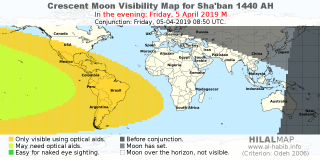 HilalMap: Crescent Visibility Map Sha'ban 1440 AH. Moon sighting on Friday,  5 April 2019 AD.