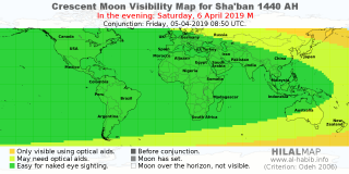 HilalMap: Crescent Visibility Map Sha'ban 1440 AH. Moon sighting on Saturday,  6 April 2019 AD.