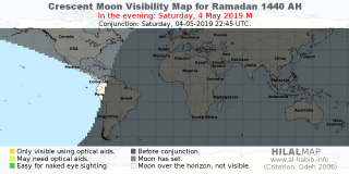HilalMap: Crescent Visibility Map Ramadan 1440 AH. Moon sighting on Saturday,  4 May 2019 AD.
