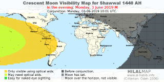 HilalMap: Crescent Visibility Map Shawwal 1440 AH. Moon sighting on Monday,  3 June 2019 AD.