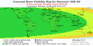 HilalMap: Crescent Visibility Map Shawwal 1440 AH. Moon sighting on Tuesday,  4 June 2019 AD.
