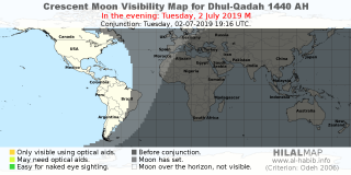 HilalMap: Crescent Visibility Map Dhul-Qadah 1440 AH. Moon sighting on Tuesday,  2 July 2019 AD.