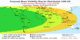 HilalMap: Crescent Visibility Map Dhul-Qadah 1440 AH. Moon sighting on Wednesday,  3 July 2019 AD.