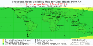 HilalMap: Crescent Visibility Map Dhul-Hijjah 1440 AH. Moon sighting on Friday,  2 August 2019 AD.