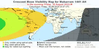 HilalMap: Crescent Visibility Map Muharram 1441 AH. Moon sighting on Friday, 30 August 2019 AD.