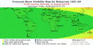 HilalMap: Crescent Visibility Map Muharram 1441 AH. Moon sighting on Saturday, 31 August 2019 AD.