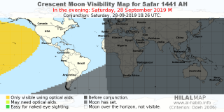 HilalMap: Crescent Visibility Map Safar 1441 AH. Moon sighting on Saturday, 28 September 2019 AD.