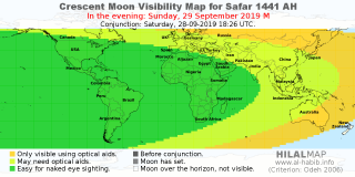 HilalMap: Crescent Visibility Map Safar 1441 AH. Moon sighting on Sunday, 29 September 2019 AD.