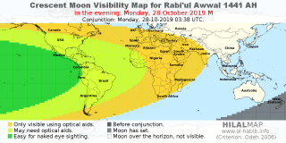 HilalMap: Crescent Visibility Map Rabi'ul-Awwal 1441 AH. Moon sighting on Monday, 28 October 2019 AD.
