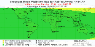 HilalMap: Crescent Visibility Map Rabi'ul-Awwal 1441 AH. Moon sighting on Tuesday, 29 October 2019 AD.