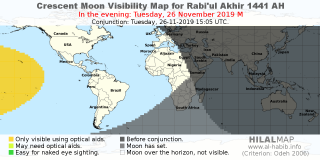 HilalMap: Crescent Visibility Map Rabi'ul-Akhir 1441 AH. Moon sighting on Tuesday, 26 November 2019 AD.