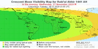 HilalMap: Crescent Visibility Map Rabi'ul-Akhir 1441 AH. Moon sighting on Wednesday, 27 November 2019 AD.