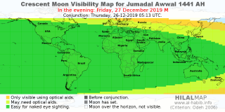 HilalMap: Crescent Visibility Map Jumadal-Awwal 1441 AH. Moon sighting on Friday, 27 December 2019 AD.